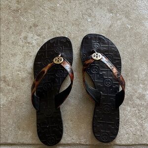 Tory Burch Black and Tan leopard print Flip Flops
